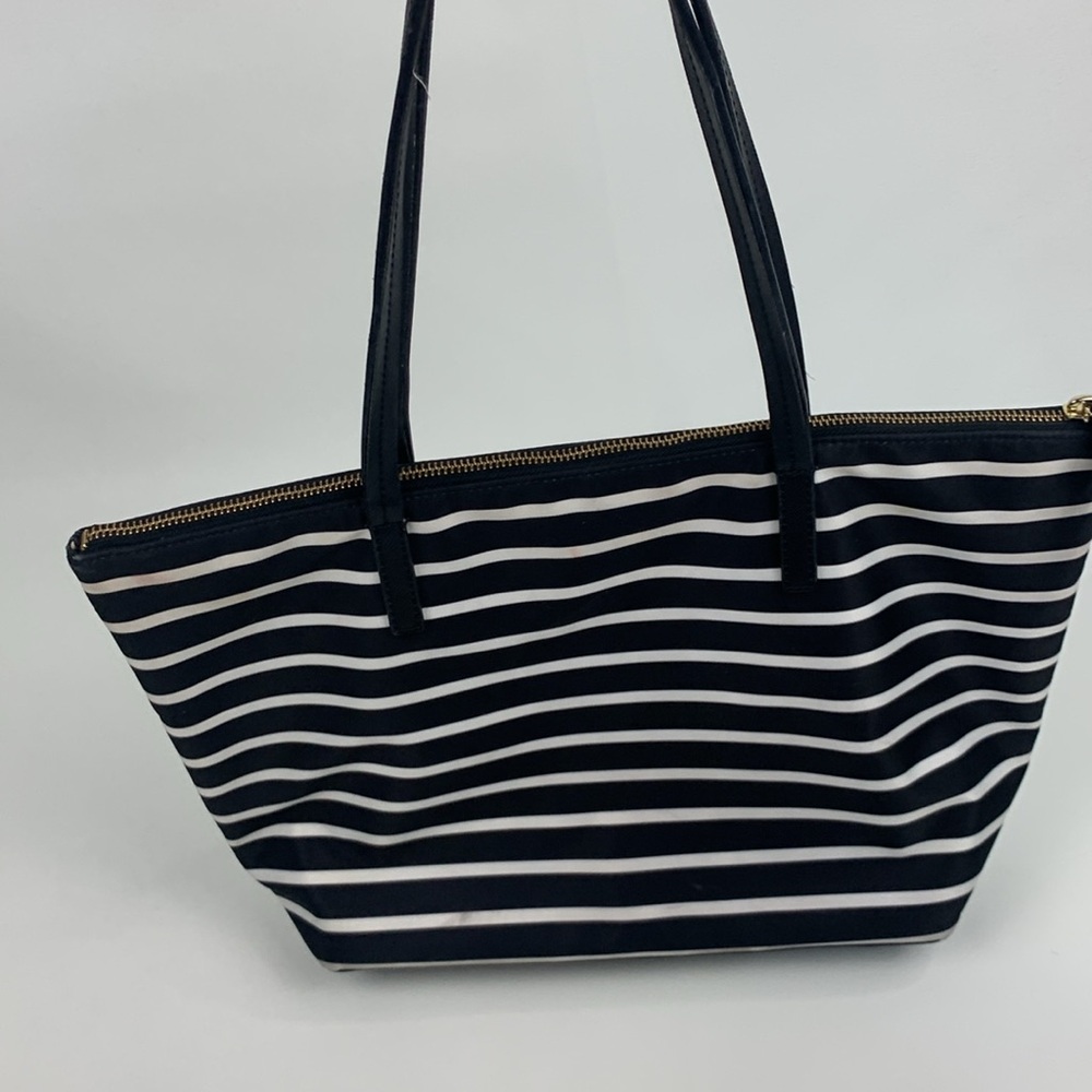 Kate Spade Black White Striped Tote shoulder Bag Gold Zip close Leather straps - Picture 14 of 15